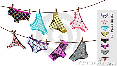 Set Of Vector Multi-Colored Womenâ€™s Panties. Collection Of Different Types Cotton And Lace Female Lingerie Vector Illustration
